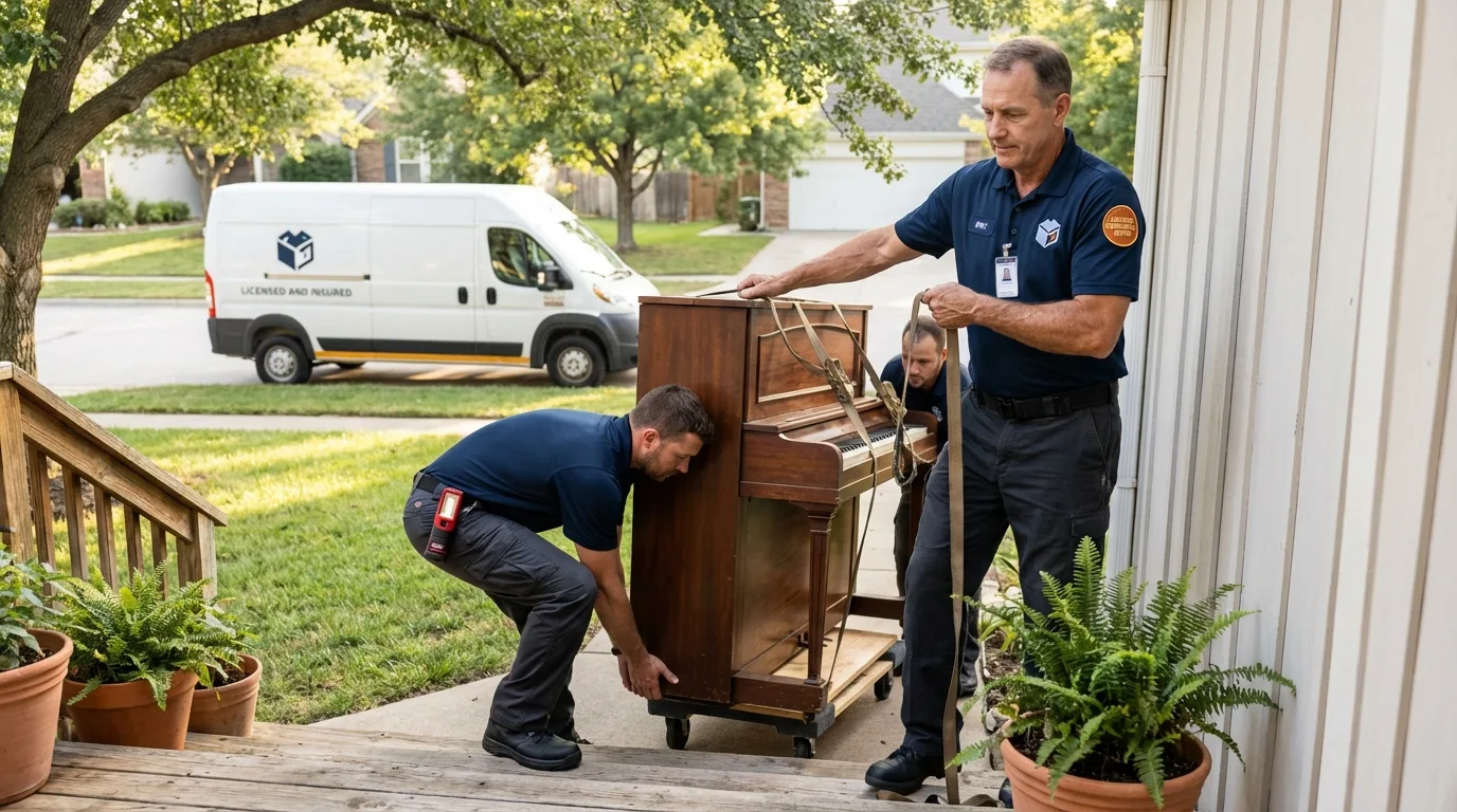 Licensed piano movers securing grand piano in Andover, KS
