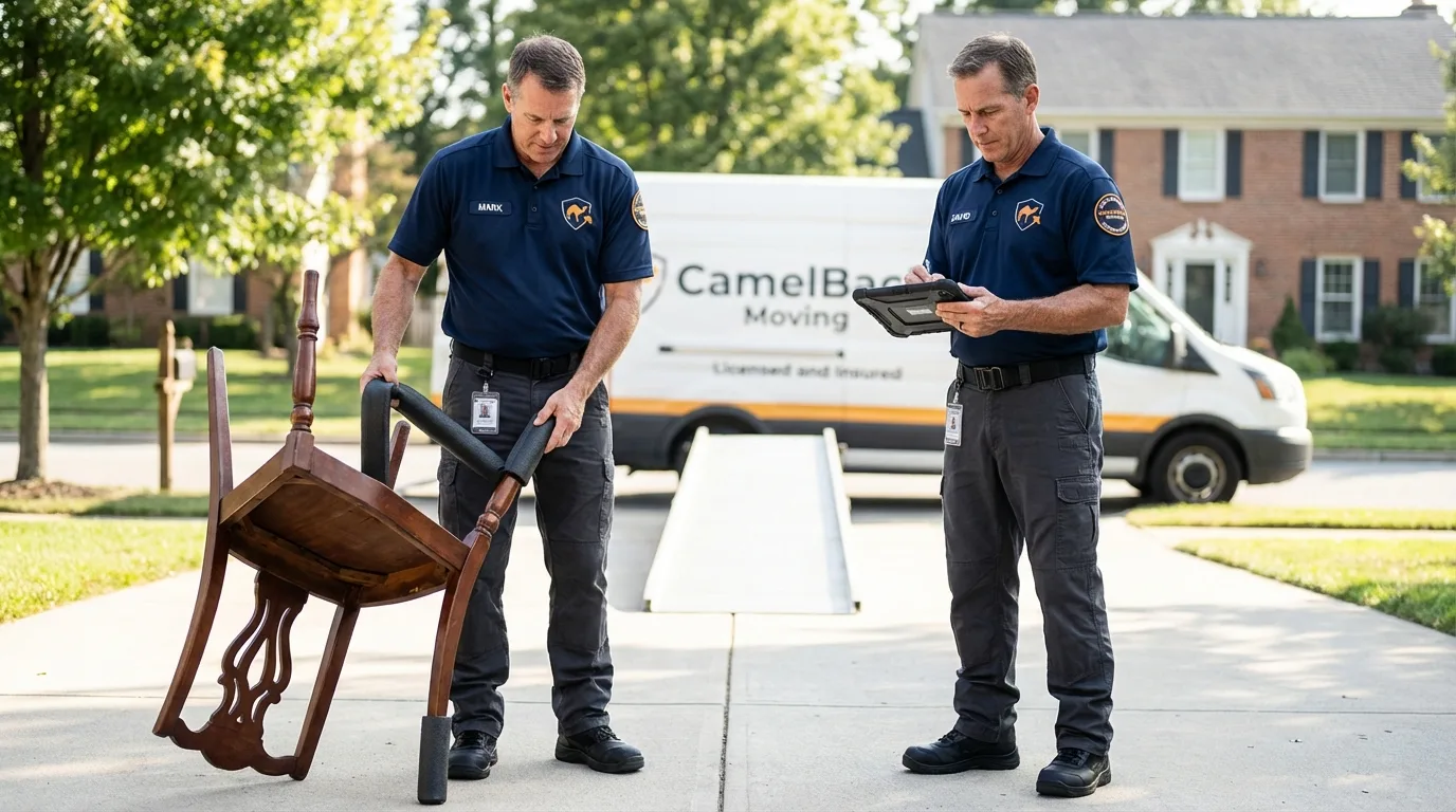 Movers inspecting furniture for damage prevention before loading in Andover, KS